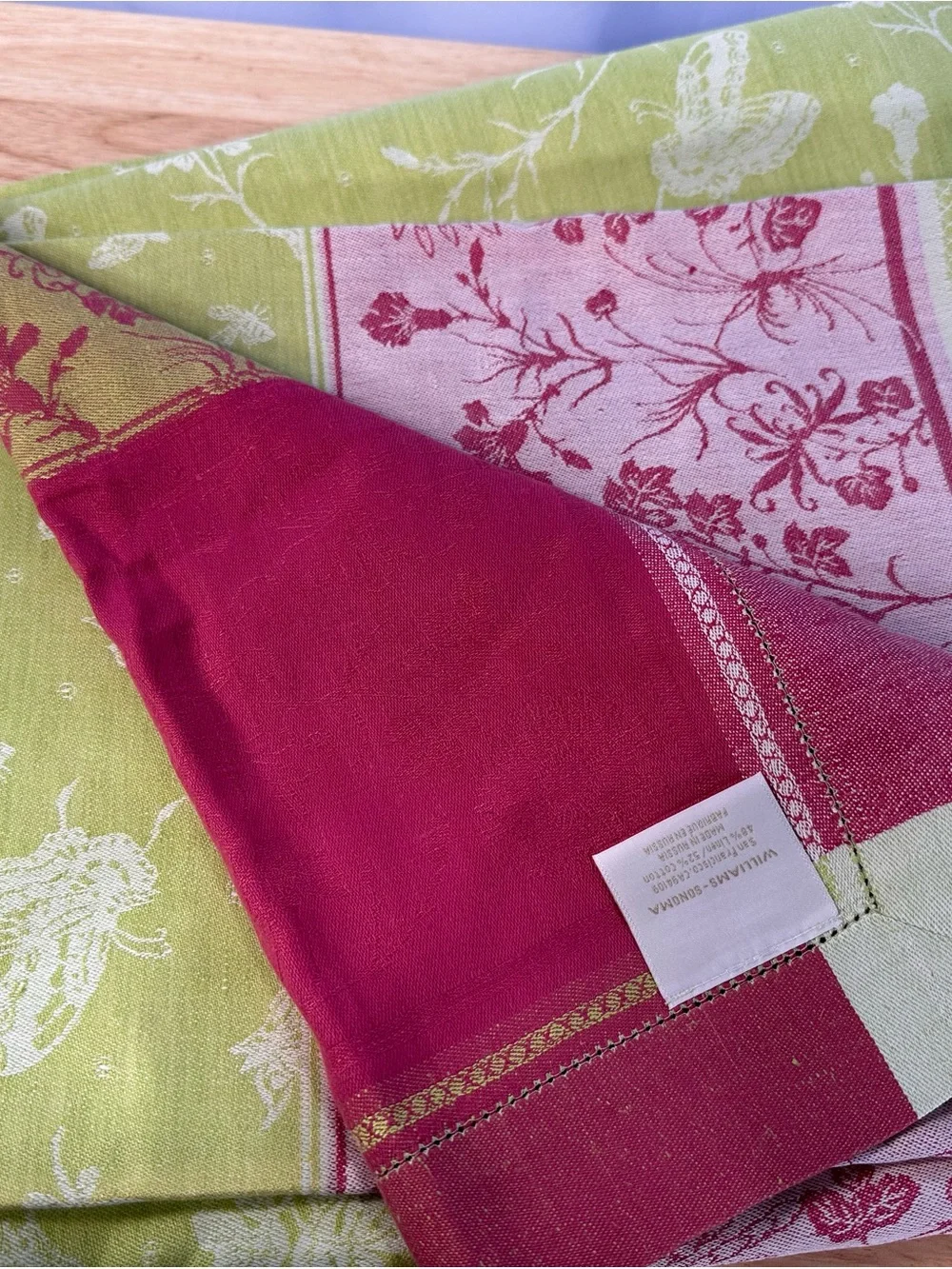 Williams Sonoma Pink Cotton/linen TableCloth 70x80 damask butterflies & flowers